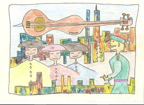 Cartoon: musikanten strassenmusiker (medium) by skätch-up tagged polizei,erzählen,strasse,kontrabass,chinesen