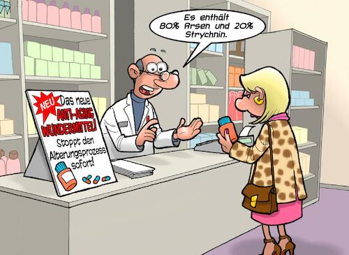 Cartoon: Anti Aging (medium) by Joshua Aaron tagged apotheke,wundermittel,anti,aging,alter,gift,strychnin,arsen,vergänglichkeit,schönheit,nahrungsergänzung,sterbehilfe,apotheke,wundermittel,anti,aging,alter,gift,strychnin,arsen,vergänglichkeit,schönheit,nahrungsergänzung,sterbehilfe