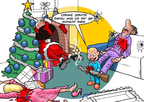 Cartoon: Christmas in Texas (medium) by Joshua Aaron tagged waffengesetze,usa,texas,weihnachten,psycho,killer,shooting,waffengesetze,usa,texas,weihnachten,psycho,killer,shooting