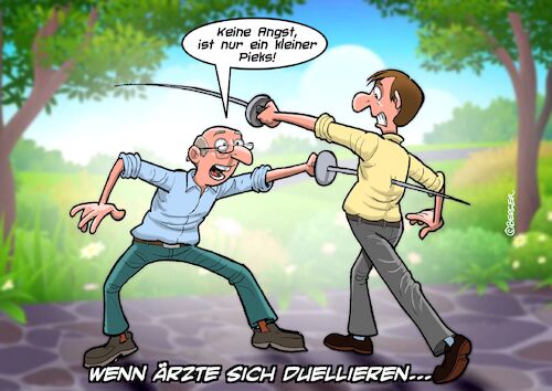 Cartoon: Duell (medium) by Joshua Aaron tagged arzt,duell,impfung,beschwichtigung,degen,arzt,duell,impfung,beschwichtigung,degen