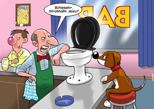Cartoon: Eau de Toilette (medium) by Joshua Aaron tagged hund,klo,wasser,bar,barkeeper,hund,klo,wasser,bar,barkeeper