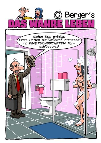 Cartoon: Einbruchssicher (medium) by Chris Berger tagged einbruchssicher,verkäufer,türschloss,bad,dusche,einbruchssicher,verkäufer,türschloss,bad,dusche