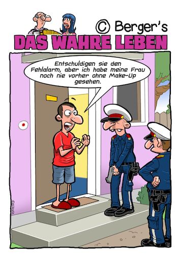 Cartoon: Falscher Alarm (medium) by Chris Berger tagged polizei,mann,frau,make,up,alarm,polizei,mann,frau,make,up,alarm