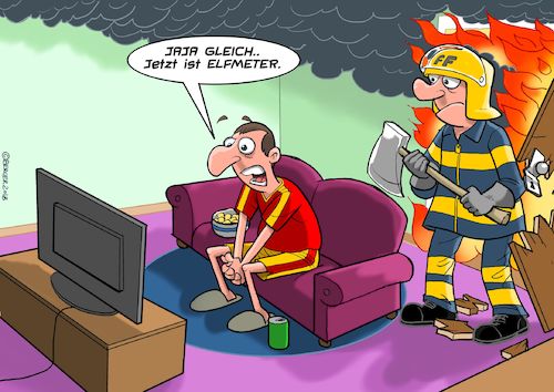 Cartoon: Feurio (medium) by Chris Berger tagged fussball,brand,feuerwehr,elfmeter,fussball,brand,feuerwehr,elfmeter