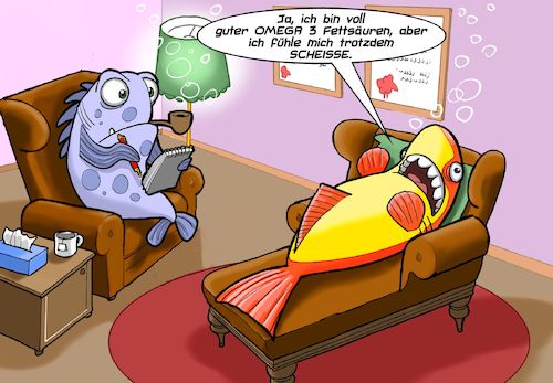Cartoon: Fisch beim Psychiater (medium) by Joshua Aaron tagged omega,fettsäure,fisch,psychologe,psychiater,omega,fettsäure,fisch,psychologe,psychiater