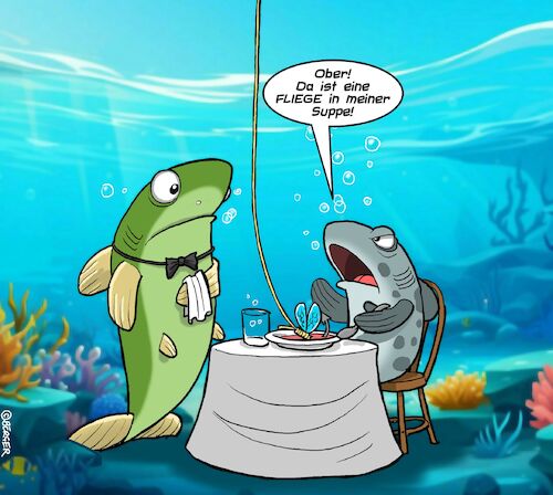 Cartoon: Fliegenfischen (medium) by Chris Berger tagged fliege,restaurant,suppe,fisch,angler,fliegenfischen,fliege,restaurant,suppe,fisch,angler,fliegenfischen