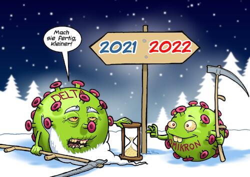 Cartoon: Happy New Fear (medium) by Joshua Aaron tagged silvester,neues,jahr,omikron,delta,covid,pandemie,2022,2021,neujahr,silvester,neues,jahr,omikron,delta,covid,pandemie,2022,2021,neujahr