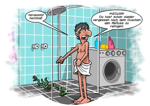 Cartoon: Hygiene im alten Griechenland (medium) by Joshua Aaron tagged medusa,schlangen,haupt,dusche,abfluss,verstopfung,medusa,schlangen,haupt,dusche,abfluss,verstopfung