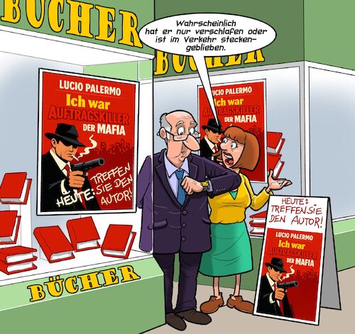 Cartoon: Lesung (medium) by Chris Berger tagged mafia,snitches,buch,biographie,verräter,cosa,nostra,omerta,killer,mafia,snitches,buch,biographie,verräter,cosa,nostra,omerta,killer