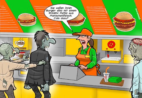 Cartoon: Neulich beim Mac (medium) by Joshua Aaron tagged zombies,zombi,mac,donalds,burger,cola,menschenfleisch,happy,meal,zombies,zombi,mac,donalds,burger,cola,menschenfleisch,happy,meal