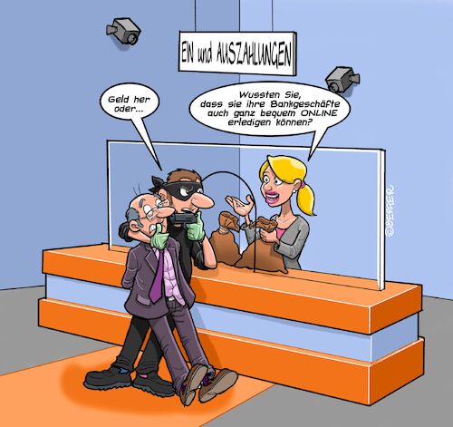 Cartoon: Neulich in der Sparkasse (medium) by Chris Berger tagged bank,sparkasse,geisel,schalter,banküberfall,raub,räuber,pistole,bank,sparkasse,geisel,schalter,banküberfall,raub,räuber,pistole