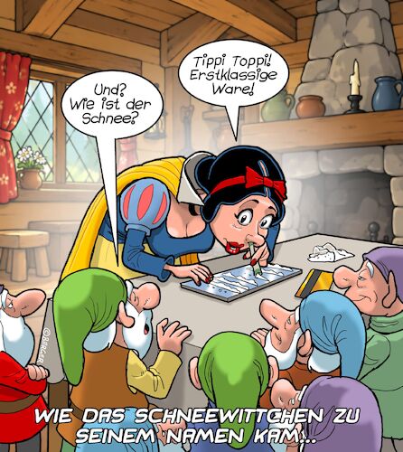 Cartoon: Nomen est omen (medium) by Chris Berger tagged schneewittchen,kokain,kolumbien,marschierpulver,zwerge,sniefen,schneewittchen,kokain,kolumbien,marschierpulver,zwerge,sniefen