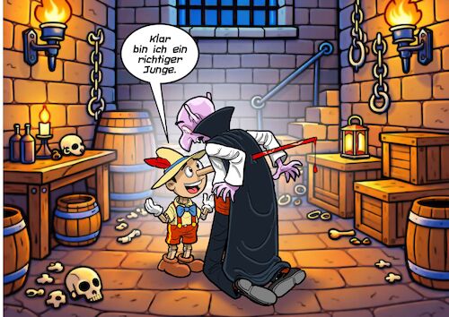 Cartoon: Pinocchio vs Dracula (medium) by Chris Berger tagged pinocchio,dracula,gepfählt,vampir,holz,pinocchio,dracula,gepfählt,vampir,holz