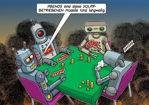 Cartoon: Solarangetrieben (medium) by Joshua Aaron tagged roboter,karten,poker,solar,antrieb,roboter,karten,poker,solar,antrieb