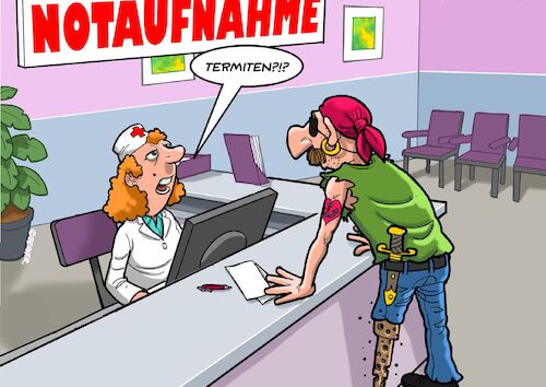 Cartoon: Termiten (medium) by Chris Berger tagged pirat,notaufnahme,krankenhaus,holzbein,termiten,pirat,notaufnahme,krankenhaus,holzbein,termiten