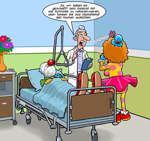 Cartoon: Tortenschlacht (medium) by Chris Berger tagged clown,zirkus,bajazzo,pulcinella,krankenhaus,torte,kuchen,clown,zirkus,bajazzo,pulcinella,krankenhaus,torte,kuchen