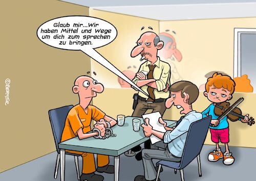 Cartoon: Verhörmethoden (medium) by Joshua Aaron tagged verhör,polizei,gangster,geige,kid,kind,verhör,polizei,gangster,geige,kid,kind