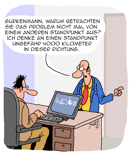 Cartoon: Anderer Standpunkt (medium) by Karsten Schley tagged wirtschaft,büro,business,standpunkte,arbeit,arbeitgeber,arbeitnehmer,karriere,erfolg,perspektiven,management,wirtschaft,büro,business,standpunkte,arbeit,arbeitgeber,arbeitnehmer,karriere,erfolg,perspektiven,management