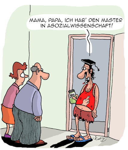 Cartoon: Asozial (medium) by Karsten Schley tagged soziales,bildung,studium,master,universitäten,abschlüsse,akademiker,karriere,gesellschaft,soziales,bildung,studium,master,universitäten,abschlüsse,akademiker,karriere,gesellschaft