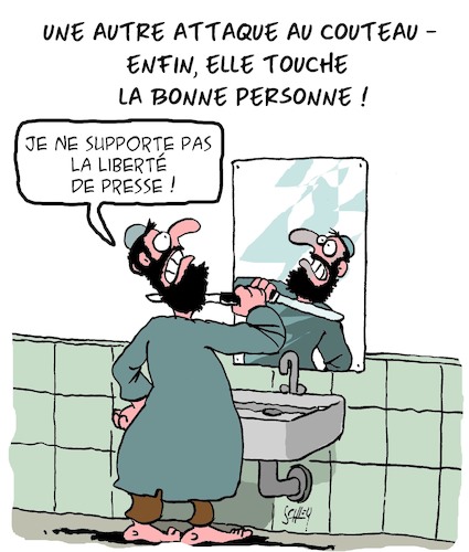 Cartoon: Attaque au Couteau (medium) by Karsten Schley tagged terrorisme,islam,caricatures,politique,medias,liberte,de,la,presse,charlie,hebdo,attaques,au,couteau,terrorisme,islam,caricatures,politique,medias,liberte,de,la,presse,charlie,hebdo,attaques,au,couteau