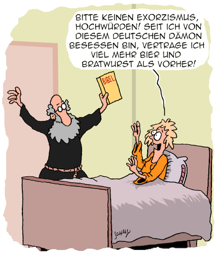 Cartoon: Besessen! (medium) by Karsten Schley tagged dämonen,besessenheit,exorzismus,religion,pfarrer,exorzisten,christentum,deutschland,stereotypen,bier,bratwurst,soziales,dämonen,besessenheit,exorzismus,religion,pfarrer,exorzisten,christentum,deutschland,stereotypen,bier,bratwurst,soziales