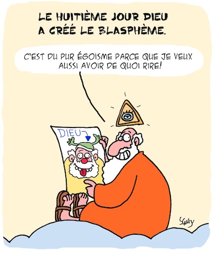 Cartoon: Blaspheme!! (medium) by Karsten Schley tagged religion,blaspheme,judaisme,bouddhisme,islam,christianisme,caricatures,religion,blaspheme,judaisme,bouddhisme,islam,christianisme,caricatures