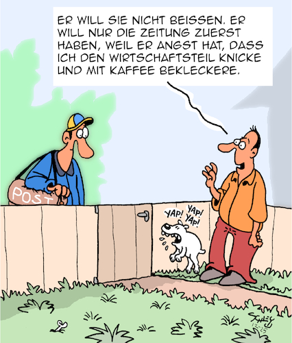 Cartoon: Böser Hund? (medium) by Karsten Schley tagged hunde,zeitungen,postzusteller,wirtschaft,leser,haustiere,medien,gesellschaft,hunde,zeitungen,postzusteller,wirtschaft,leser,haustiere,medien,gesellschaft