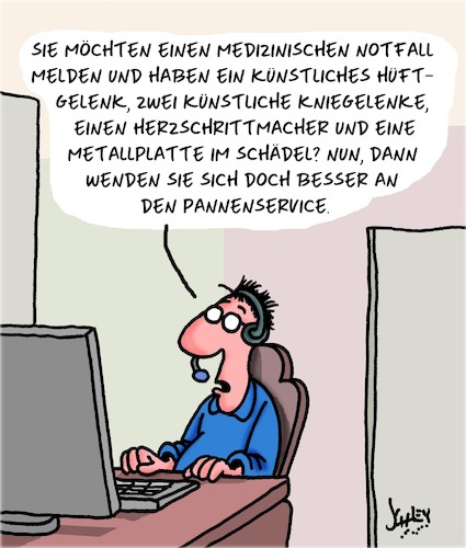 Cartoon: Das ist ein Notfall! (medium) by Karsten Schley tagged medizin,notfälle,callcenter,notruf,erste,hilfe,gesundheit,medizin,notfälle,callcenter,notruf,erste,hilfe,gesundheit