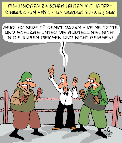 Cartoon: Debattenkultur (medium) by Karsten Schley tagged diskussionen,medien,debattenkultur,demokratie,meinungsverschiedenheiten,diskurse,gespräche,streitgespräche,beleidigungen,beschimpfungen,gewalt,verrohung,gesellschaft,diskussionen,medien,debattenkultur,demokratie,meinungsverschiedenheiten,diskurse,gespräche,streitgespräche,beleidigungen,beschimpfungen,gewalt,verrohung,gesellschaft