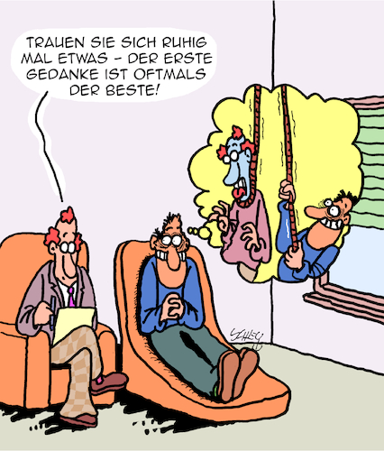 Cartoon: Der erste Gedanke (medium) by Karsten Schley tagged psychologie,psychiatrie,selbstvertrauern,psychiater,patienten,gedanken,therapie,motivation,psychologie,psychiatrie,selbstvertrauern,psychiater,patienten,gedanken,therapie,motivation