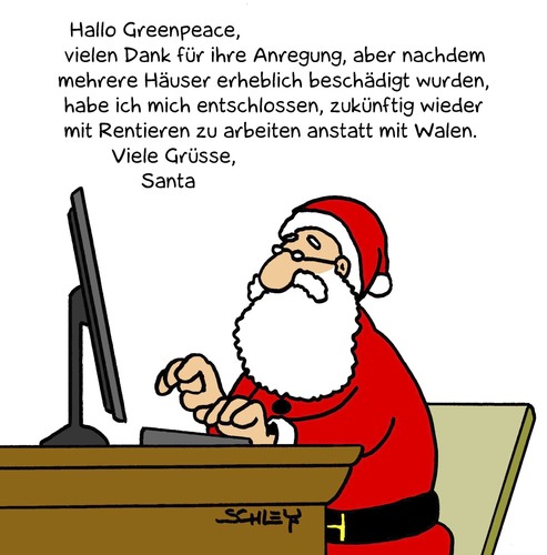 Cartoon: Eine Mail von Santa (medium) by Karsten Schley tagged weihnachten,greenpeace,umwelt,umweltschutz,tiere,tierschutz,weihnachtsmann,weihnachten,greenpeace,umwelt,umweltschutz,tiere,tierschutz,weihnachtsmann