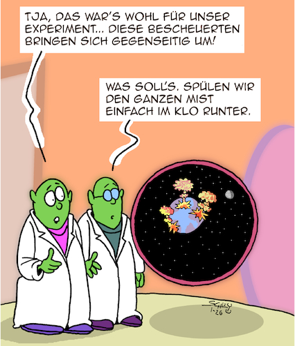 Cartoon: Experiment gescheitert (medium) by Karsten Schley tagged erde,menschheit,experimente,aliens,geschichte,wissenschaft,scheitern,intelligenz,gesellschaft,erde,menschheit,experimente,aliens,geschichte,wissenschaft,scheitern,intelligenz,gesellschaft