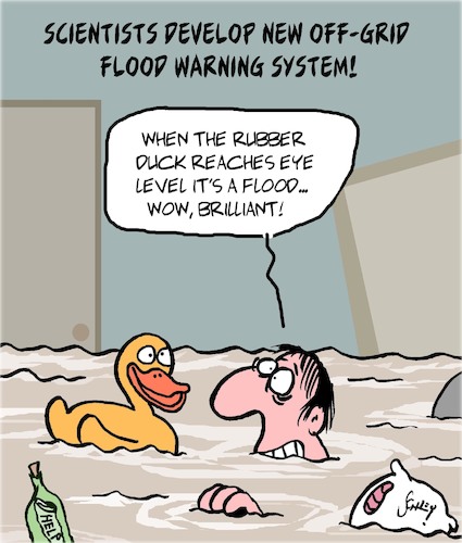Cartoon: Flood Warning System (medium) by Karsten Schley tagged flood,warnings,nature,environment,climate,disasters,mankind,politics,society,flood,warnings,nature,environment,climate,disasters,mankind,politics,society