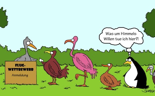 Cartoon: Flug-Wettbewerb (medium) by Karsten Schley tagged natur,tiere,vögel,fliegen,umwelt,natur,vögel,tiere,fliegen,umwelt
