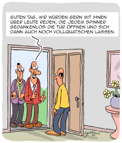 Cartoon: Gedankenlos! (medium) by Karsten Schley tagged hausierer,prediger,religion,belästigung,psychologie,spinner,gedankenlosigkeit,vorsicht,leichtsinn,gesellschaft,hausierer,prediger,religion,belästigung,psychologie,spinner,gedankenlosigkeit,vorsicht,leichtsinn,gesellschaft