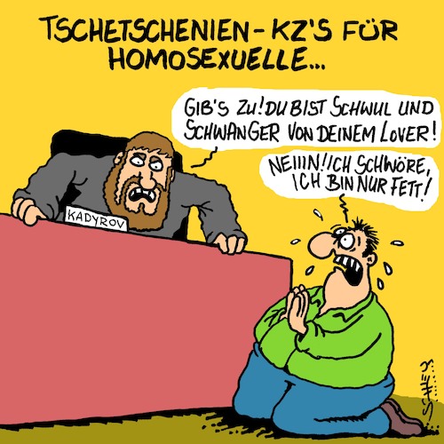Cartoon: Gestehen Sie!! (medium) by Karsten Schley tagged tschetschenien,kadyrov,homosexuelle,tod,verfolgung,lynchjustiz,politik,russland,putin,tschetschenien,kadyrov,homosexuelle,tod,verfolgung,lynchjustiz,politik,russland,putin