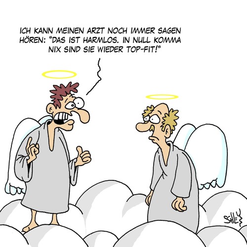 Cartoon: Harmlos (medium) by Karsten Schley tagged gesundheit,leben,tod,engel,religion,medizin,ärzte,gesundheit,leben,tod,engel,religion,medizin,ärzte