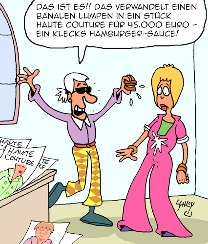 Cartoon: Haute Couture (medium) by Karsten Schley tagged haute,couture,mode,fashion,designer,kleidung,luxus,statussymbole,preise,medien,gesellschaft,haute,couture,mode,fashion,designer,kleidung,luxus,statussymbole,preise,medien,gesellschaft