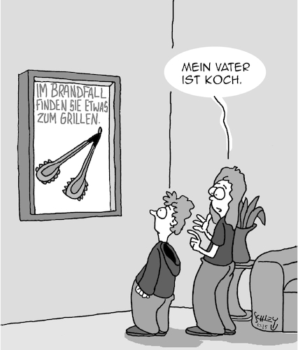 Cartoon: Im Brandfall (medium) by Karsten Schley tagged sicherheit,gefahr,berufe,ernährung,feuer,grillen,eltern,kinder,familie,unfallverhütung,sicherheit,gefahr,berufe,ernährung,feuer,grillen,eltern,kinder,familie,unfallverhütung