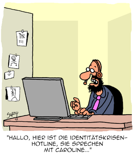 Cartoon: In der Krise (medium) by Karsten Schley tagged krisen,psychosen,psychiatrie,gesundheit,krankheit,callcenter,gesellschaft,krisen,psychosen,psychiatrie,gesundheit,krankheit,callcenter,gesellschaft