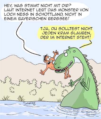 Cartoon: Internet - Blödsinn (medium) by Karsten Schley tagged fake,news,internet,technik,computer,schottland,nessie,bayern,seen,monster,urlaub,reisen,bildung,gesellschaft,fake,news,internet,technik,computer,schottland,nessie,bayern,seen,monster,urlaub,reisen,bildung,gesellschaft
