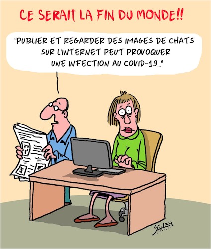 Cartoon: La Fin du Monde!! (medium) by Karsten Schley tagged chats,internet,covid19,sante,politique,technologie,facebook,chats,internet,covid19,sante,politique,technologie,facebook