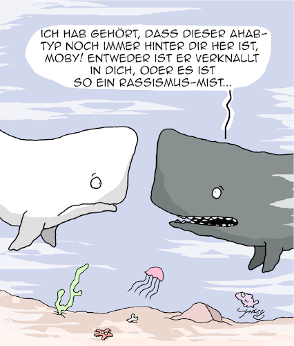 Cartoon: Moby der Wal (medium) by Karsten Schley tagged literatur,liebe,wale,medien,filme,comics,rassismus,meere,tiere,natur,gesellschaft,literatur,liebe,wale,medien,filme,comics,rassismus,meere,tiere,natur,gesellschaft