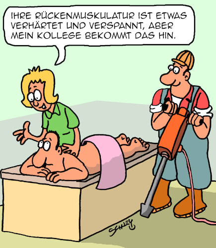 Cartoon: Muskelverhärtung (medium) by Karsten Schley tagged gesundheit,rücken,physiotherapie,massagen,muskeln,zivilisationskrankheiten,therapeuten,ärzte,patienten,gesellschaft,gesundheit,rücken,physiotherapie,massagen,muskeln,zivilisationskrankheiten,therapeuten,ärzte,patienten,gesellschaft