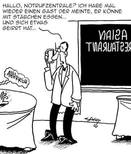 Cartoon: Notruf!! (medium) by Karsten Schley tagged restaurants,gastronomie,ernährung,selbstüberschätzung,kultur,gäste,notfälle,gesellschaft,restaurants,gastronomie,ernährung,selbstüberschätzung,kultur,gäste,notfälle,gesellschaft