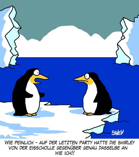 Cartoon: Party (medium) by Karsten Schley tagged frauen,kleider,party,pinguine,tiere,natur,pinguin,pinguine,tiere,natur,eis,peinlichkeit,peinlich,eisscholle,arktis,party,feier