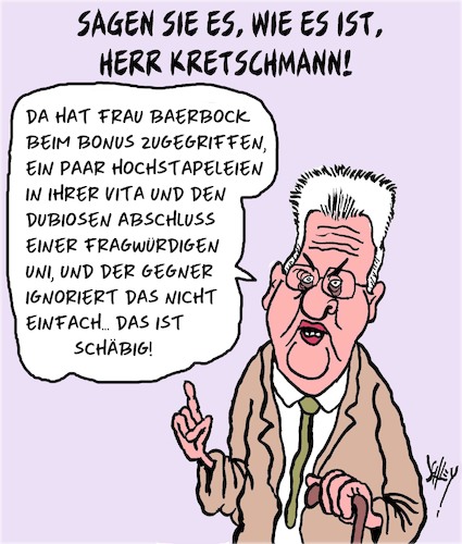 Cartoon: Schäbig Herr Kretschmann? (medium) by Karsten Schley tagged krteschmann,baerbock,grüne,wahlkampf,politik,deutschland,gesellschaft,hochstapelei,krteschmann,baerbock,grüne,wahlkampf,politik,deutschland,gesellschaft,hochstapelei