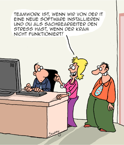 Cartoon: SO geht Teamwork (medium) by Karsten Schley tagged it,computer,kommunikation,software,teamwork,service,business,wirtschaft,arbeit,angestellte,gesellschaft,it,computer,kommunikation,software,teamwork,service,business,wirtschaft,arbeit,angestellte,gesellschaft