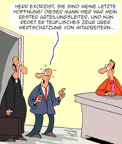 Cartoon: Teuflisch!! (medium) by Karsten Schley tagged arbeitgeber,arbeitnehmer,wertschätzung,vorgesetzte,management,wirtschaft,exorzismus,religion,gesellschaft,arbeitgeber,arbeitnehmer,wertschätzung,vorgesetzte,management,wirtschaft,exorzismus,religion,gesellschaft