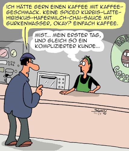 Cartoon: Total kompliziert!! (medium) by Karsten Schley tagged kaffee,kaffeemode,kultur,gastronomie,kaffeehäuser,verkäufer,kunden,baristas,lifestyle,medien,gesellschaft,kaffee,kaffeemode,kultur,gastronomie,kaffeehäuser,verkäufer,kunden,baristas,lifestyle,medien,gesellschaft